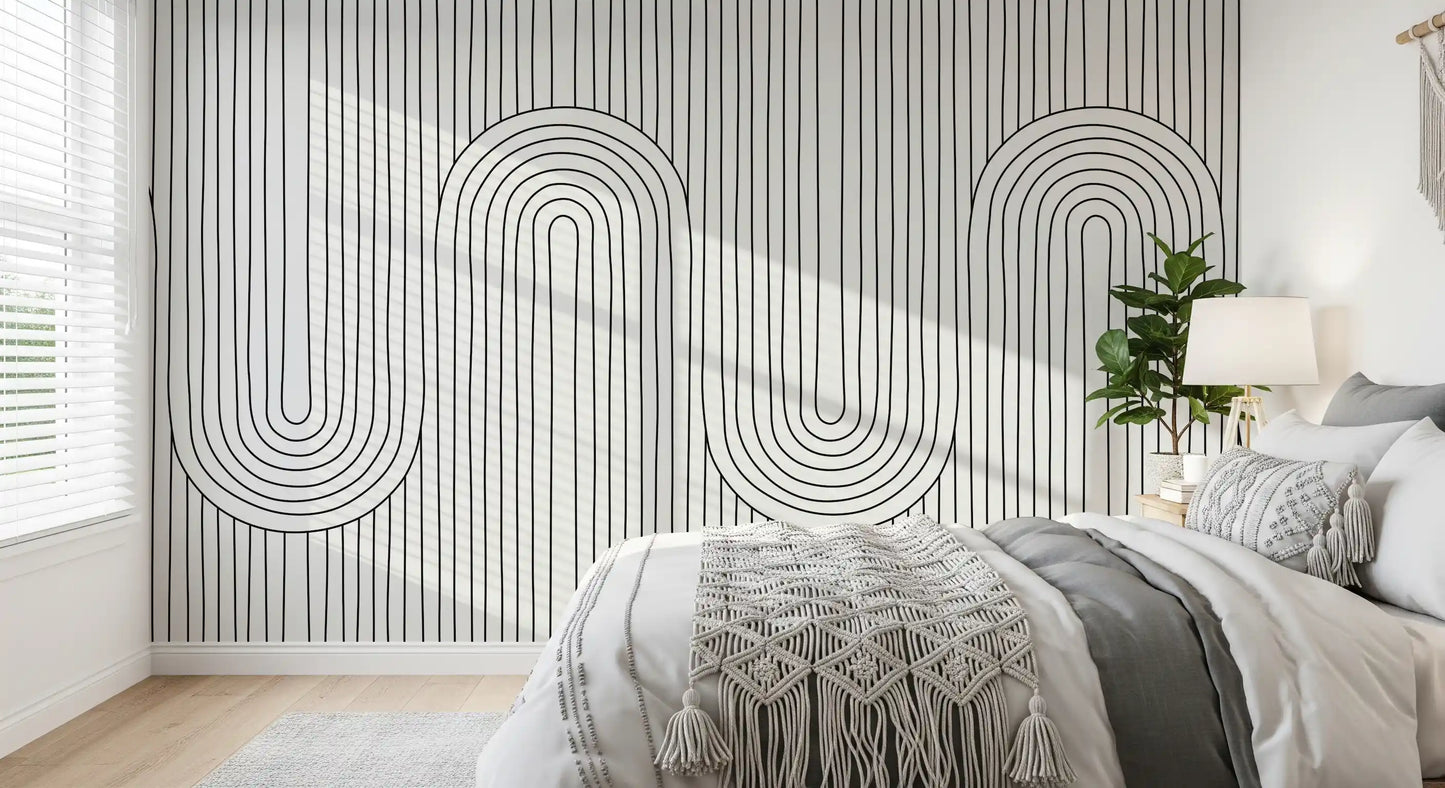 Slim vertical stripes climb the Linear Rhythm Arches wall mural inside a bedroom corner.