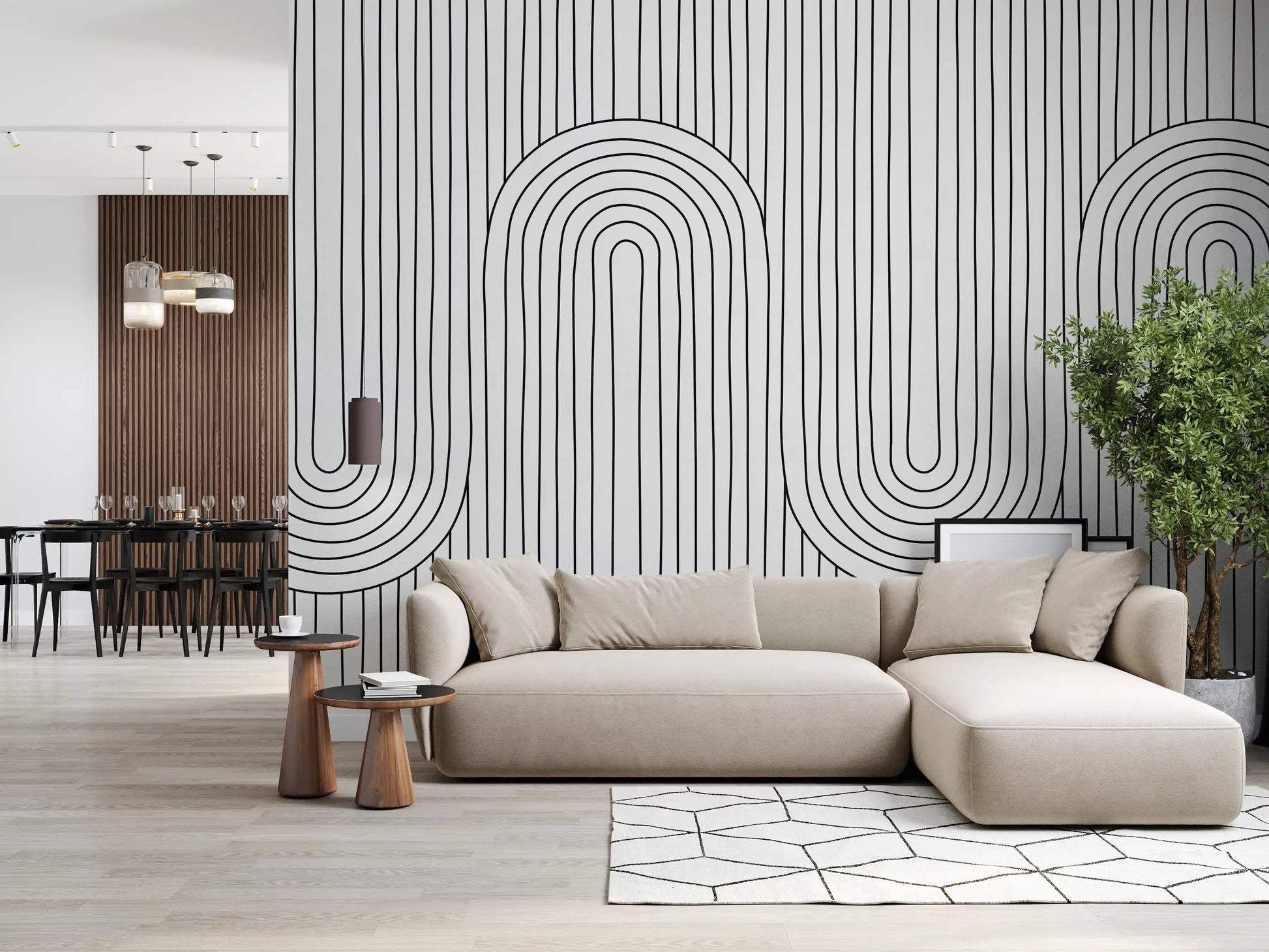 Black and white arch lines pattern a living room with the Linear Rhythm wall mural.