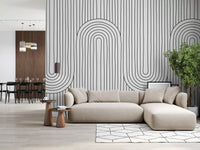 Black and white arch lines pattern a living room with the Linear Rhythm wall mural.