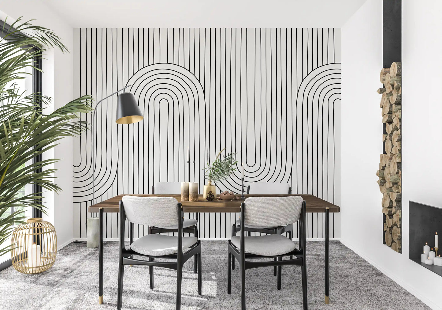 Quiet Dining area styled with the Linear Rhythm Arches wall mural in clean linework.