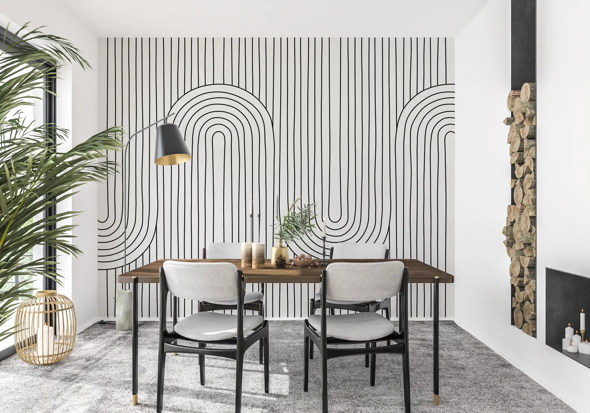 Quiet Dining area styled with the Linear Rhythm Arches wall mural in clean linework.