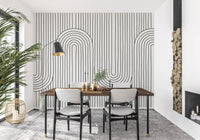 Quiet Dining area styled with the Linear Rhythm Arches wall mural in clean linework.