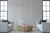 Four U-curves repeat over vertical lines on the Linear Rhythm Arches wall mural panel.