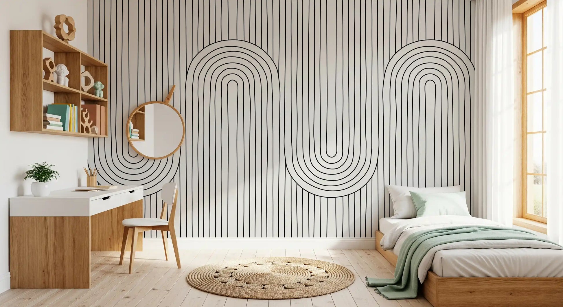 Linear Rhythm Arches wall mural shows tall curves looped over thin ink columns.