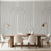 Dining room scheme paired with the Linear Rhythm Arches wall mural in monochrome.