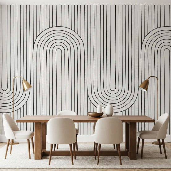 Dining room scheme paired with the Linear Rhythm Arches wall mural in monochrome.