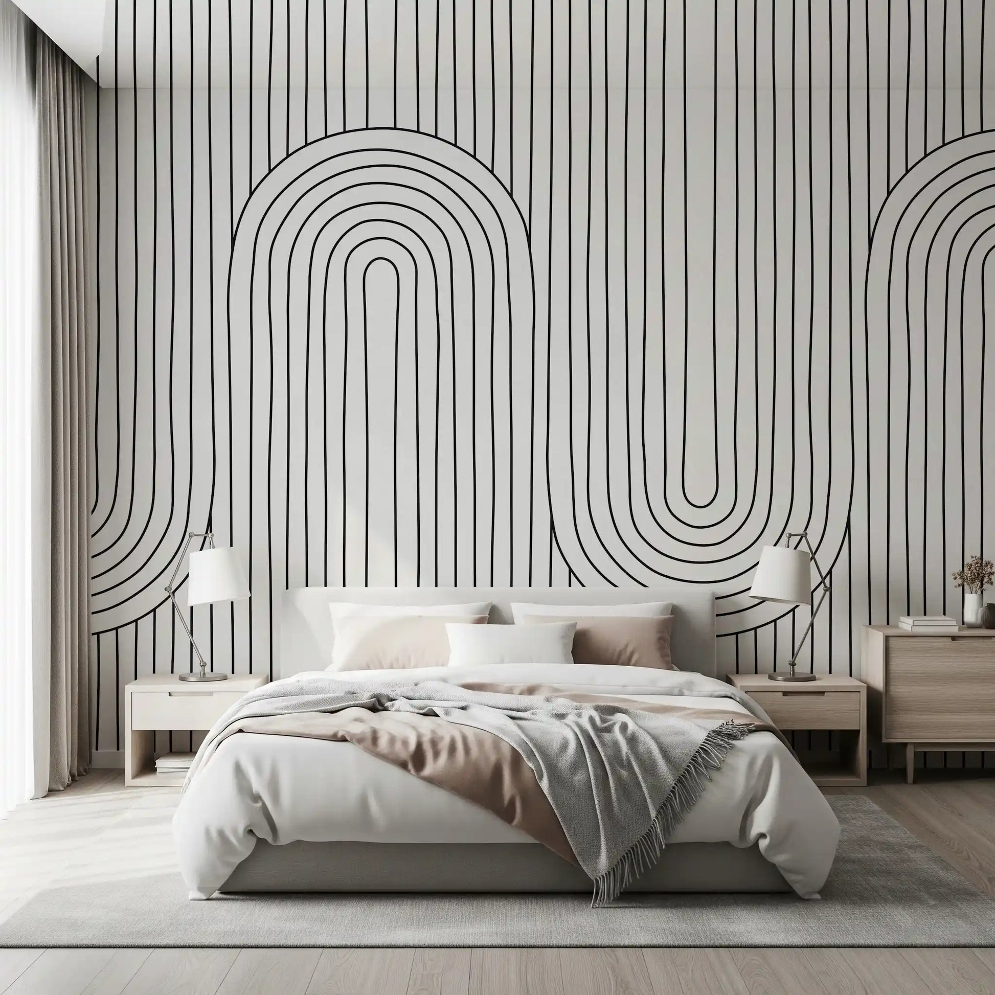 Repeating U-shaped curves frame the Linear Rhythm Arches wall mural across a Bedroom.