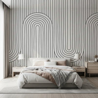 Repeating U-shaped curves frame the Linear Rhythm Arches wall mural across a Bedroom.