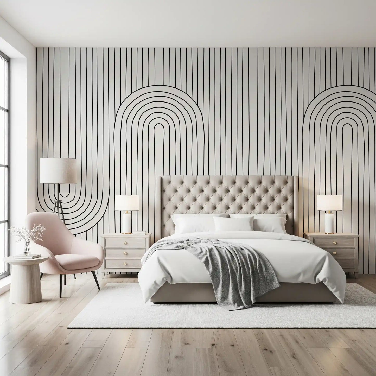 Monochrome curves stretch into a Bedroom alongside the Linear Rhythm Arches wall mural.