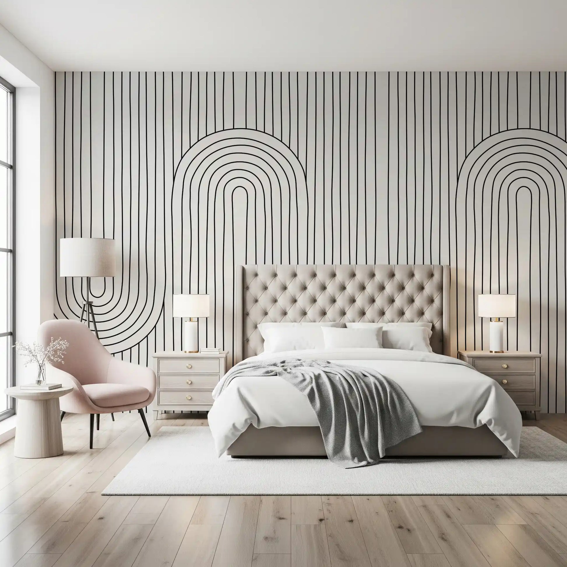 Monochrome curves stretch into a Bedroom alongside the Linear Rhythm Arches wall mural.