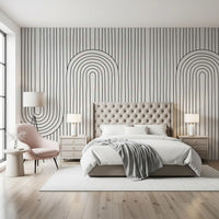 Monochrome curves stretch into a Bedroom alongside the Linear Rhythm Arches wall mural.