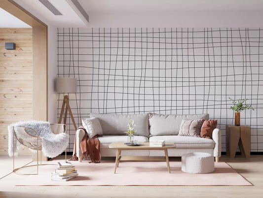 Hallway wall mural showing Fluid Grid Pattern on a pale neutral base