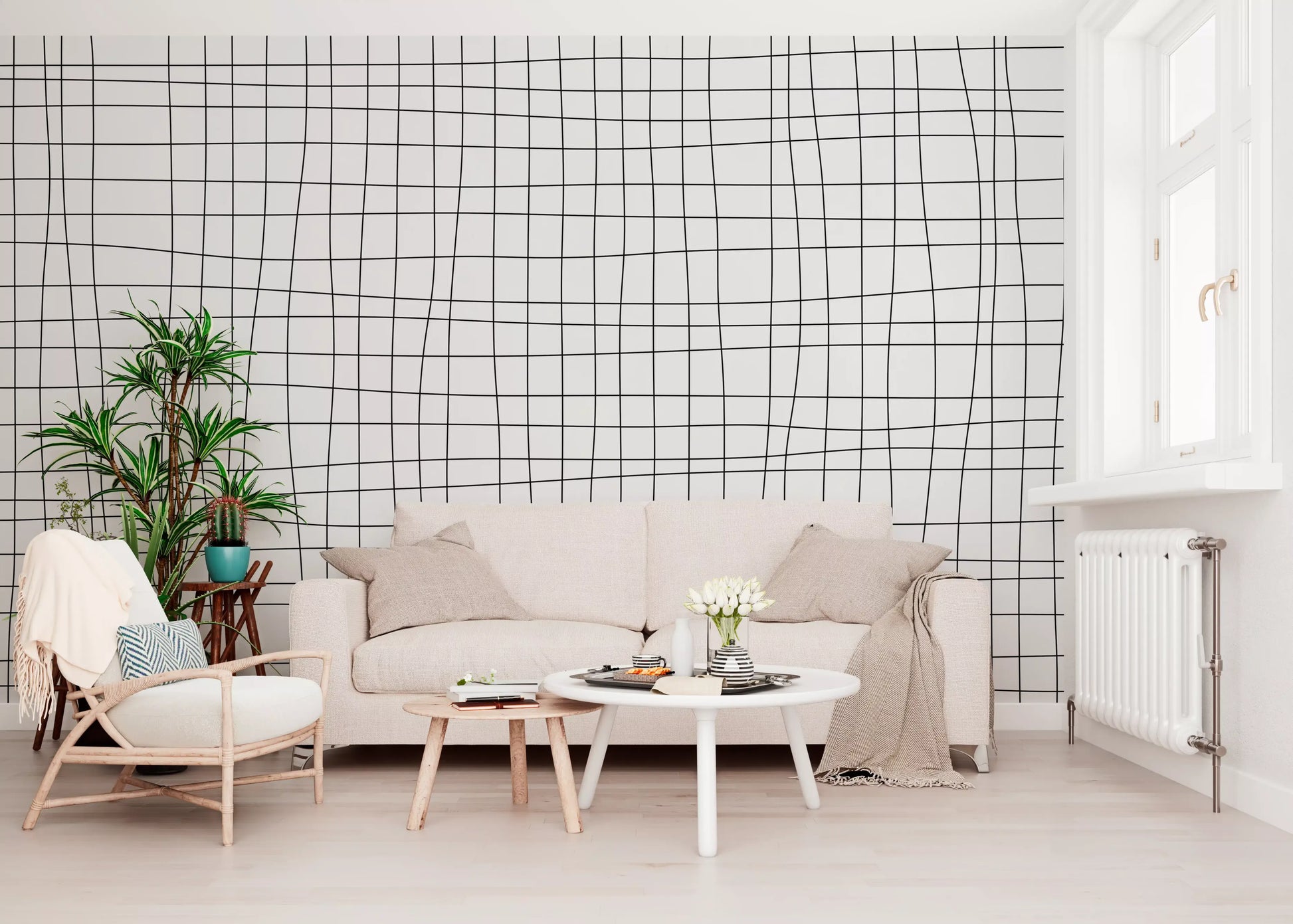 Linear pattern wall mural showing hand-drawn grid movement and balance