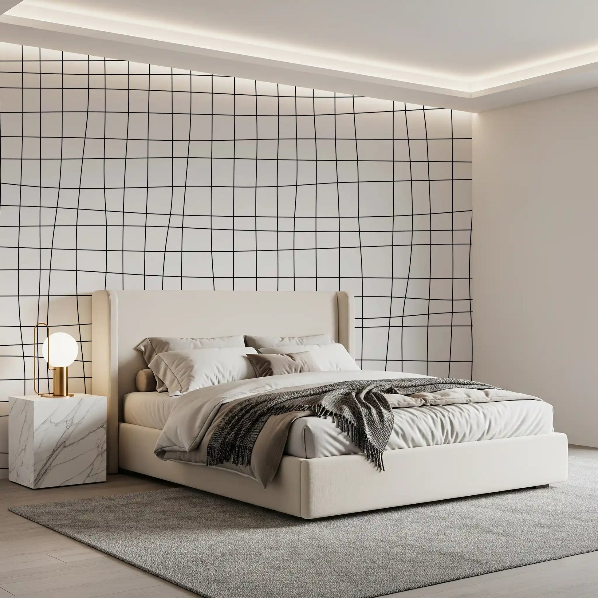 Abstract grid wall mural with soft wavering lines and pale background