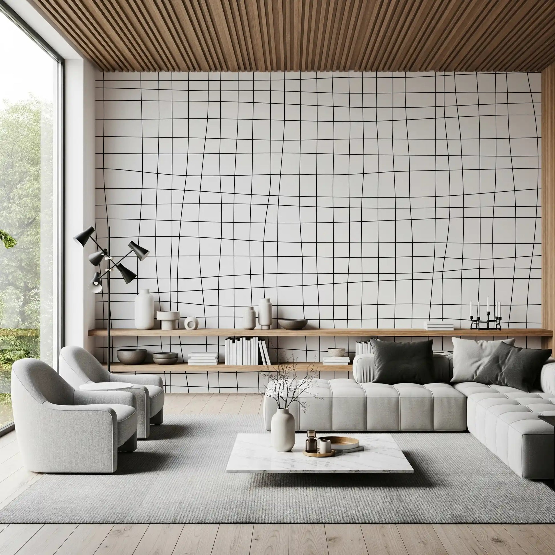 Fluid grid wall mural with gentle black linework and subtle structure