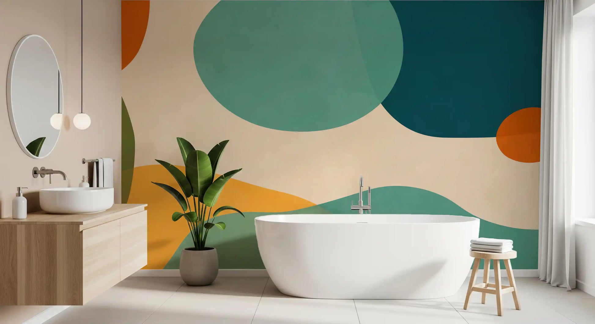 Bathroom wall mural showing Mid-Century Abstract Flow in layered muted tones