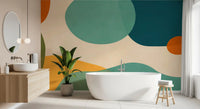 Bathroom wall mural showing Mid-Century Abstract Flow in layered muted tones