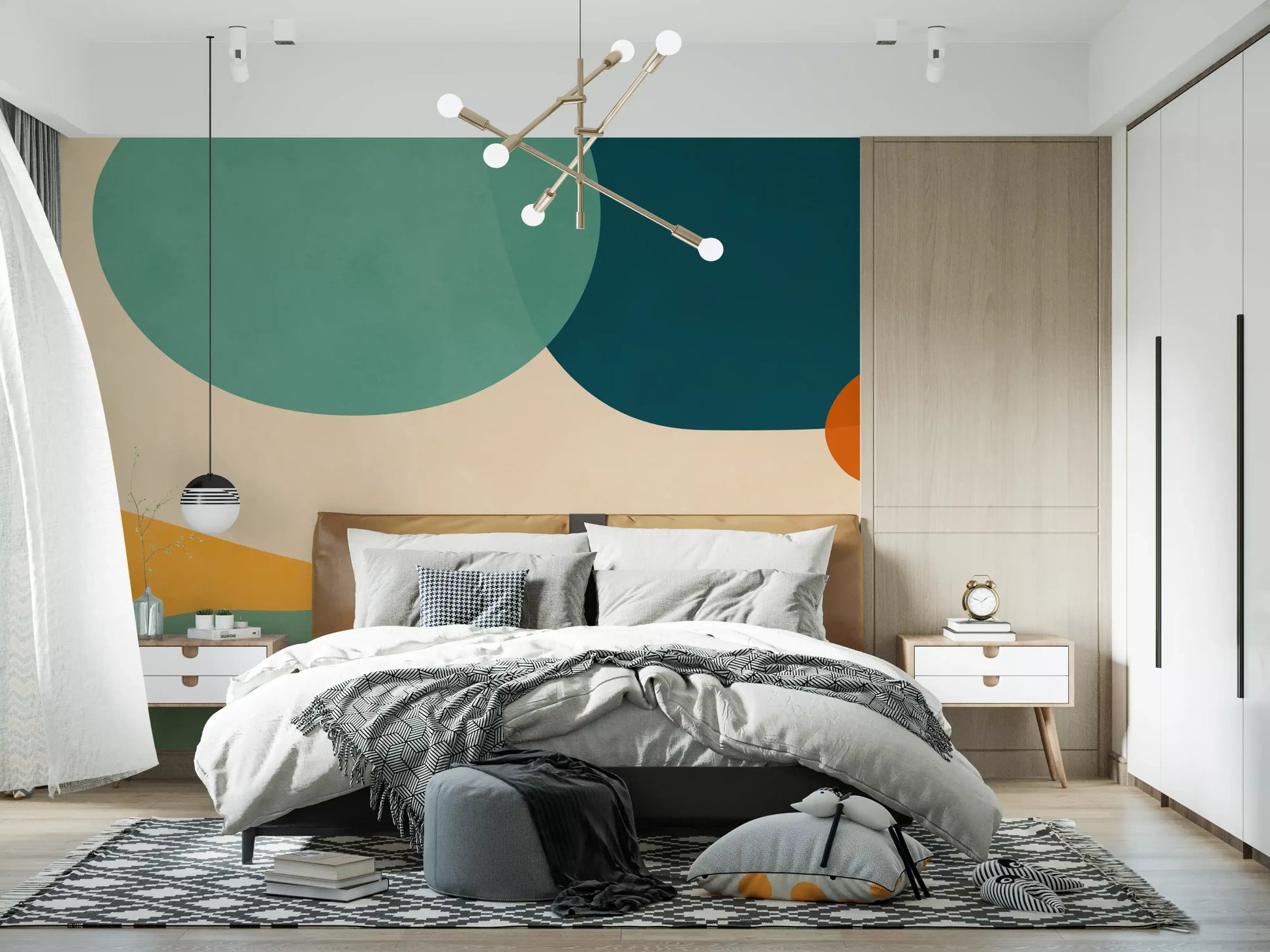 Wall mural showing rounded mid-century shapes in blue, peach, and olive