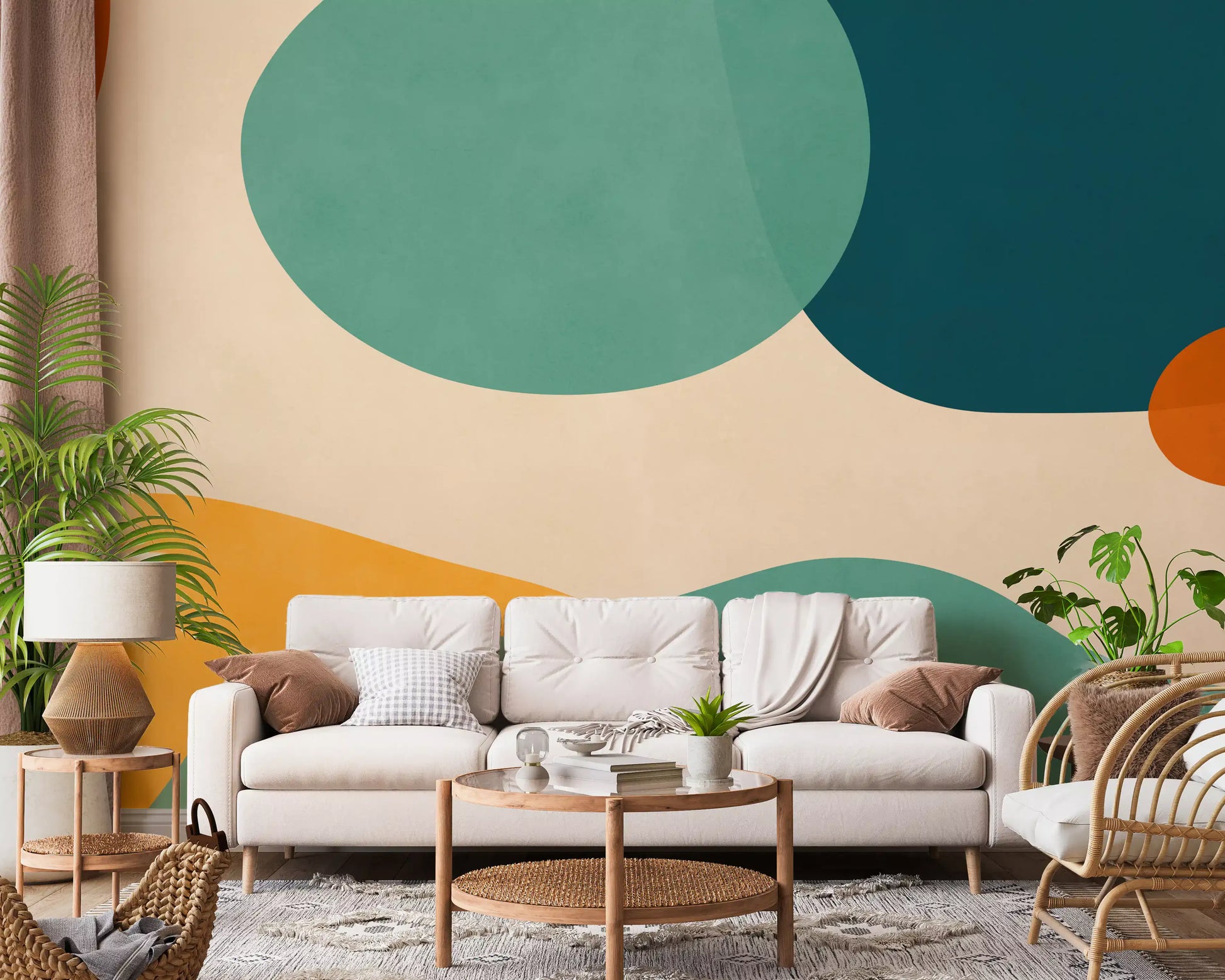 Retro abstract wall mural with layered organic forms and soft color flow