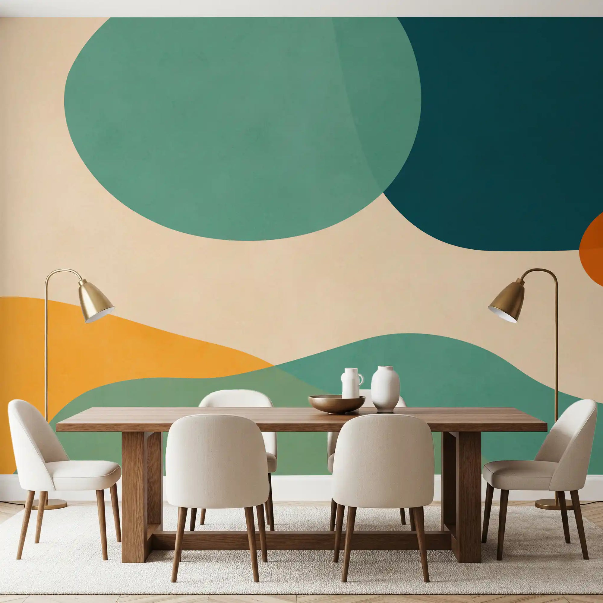 Dining room Mid-Century Abstract Flow wall mural with soft retro color shapes