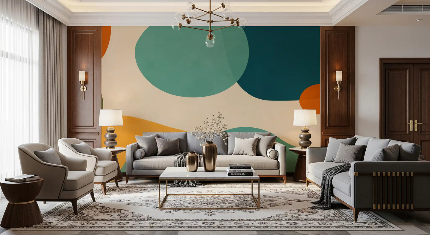 Mid-Century Abstract Flow wall mural with teal, peach, and ochre shapes