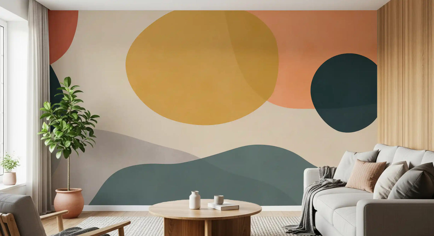 Earth Forms wall mural with flowing peach, ochre, and navy colour blocks