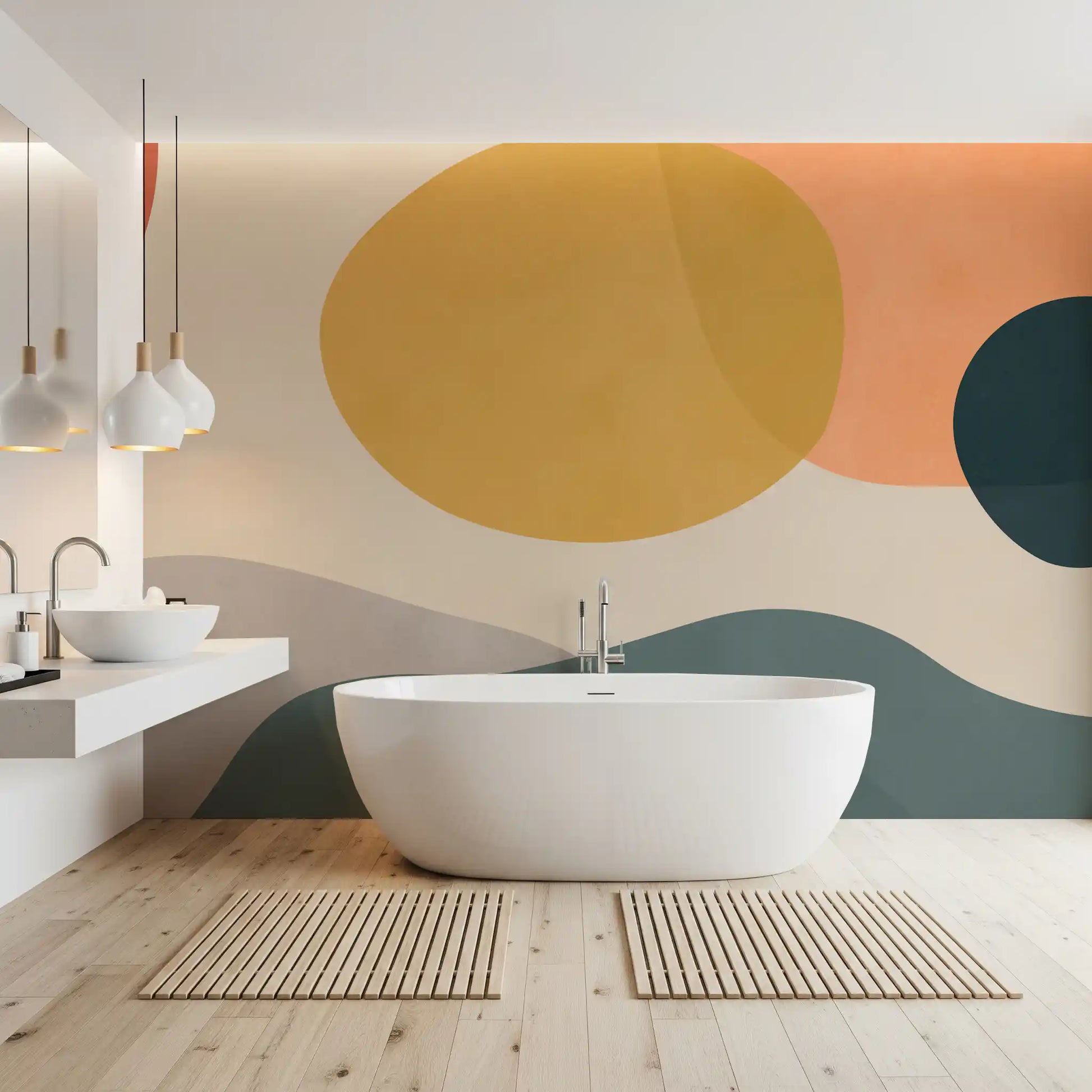 Modern abstract wall mural with soft curves and warm muted geometry