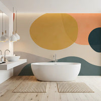 Modern abstract wall mural with soft curves and warm muted geometry