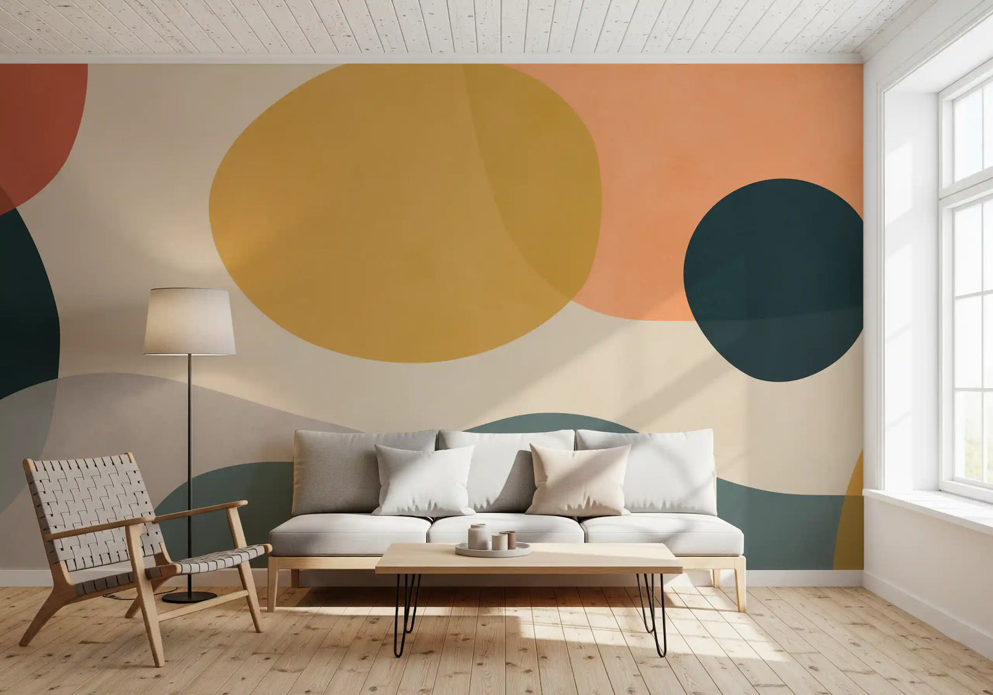 Abstract wall mural showing rounded earth forms and layered neutral tones