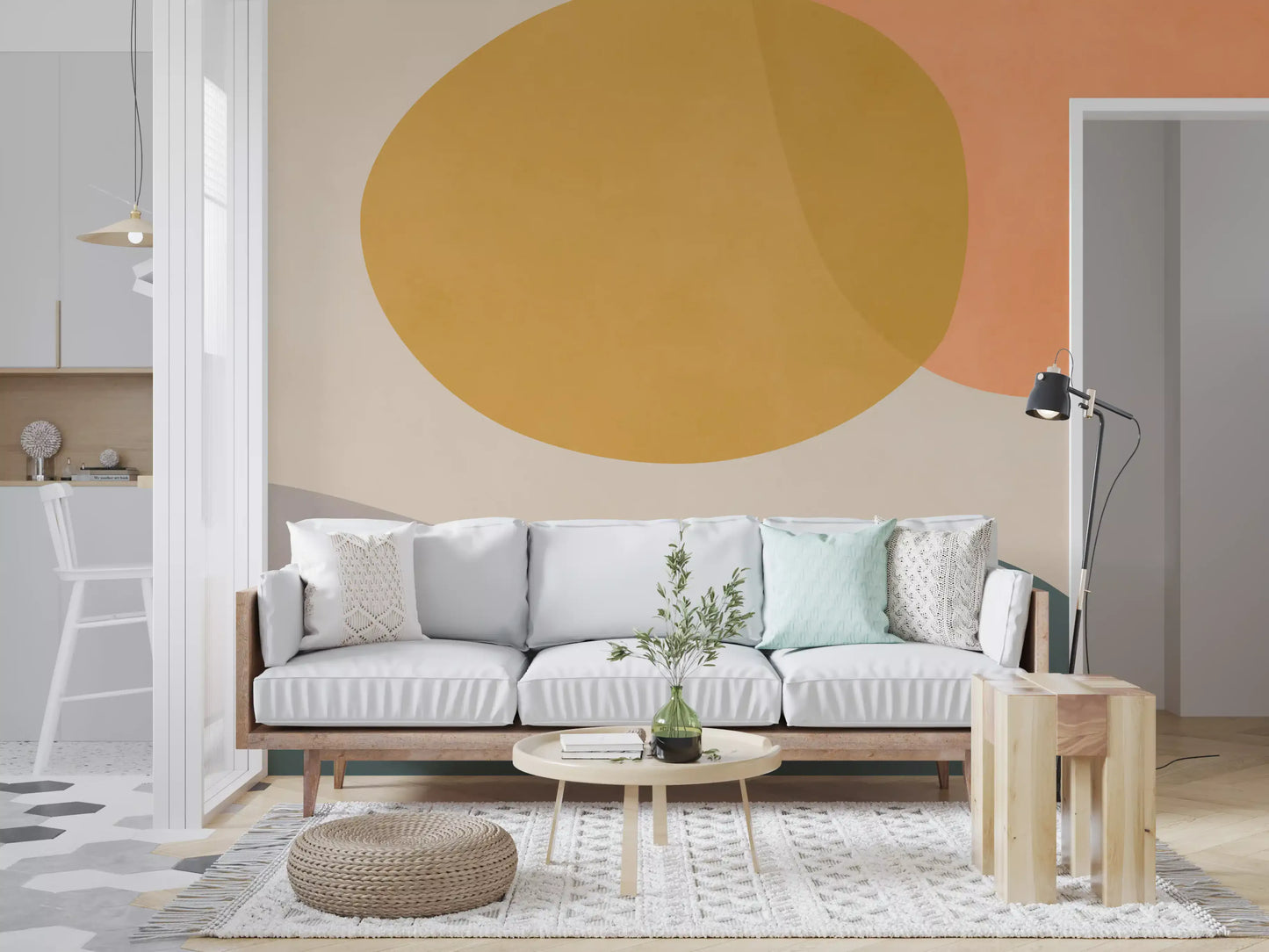 Organic shape wall mural with golden circles and soft cream open space