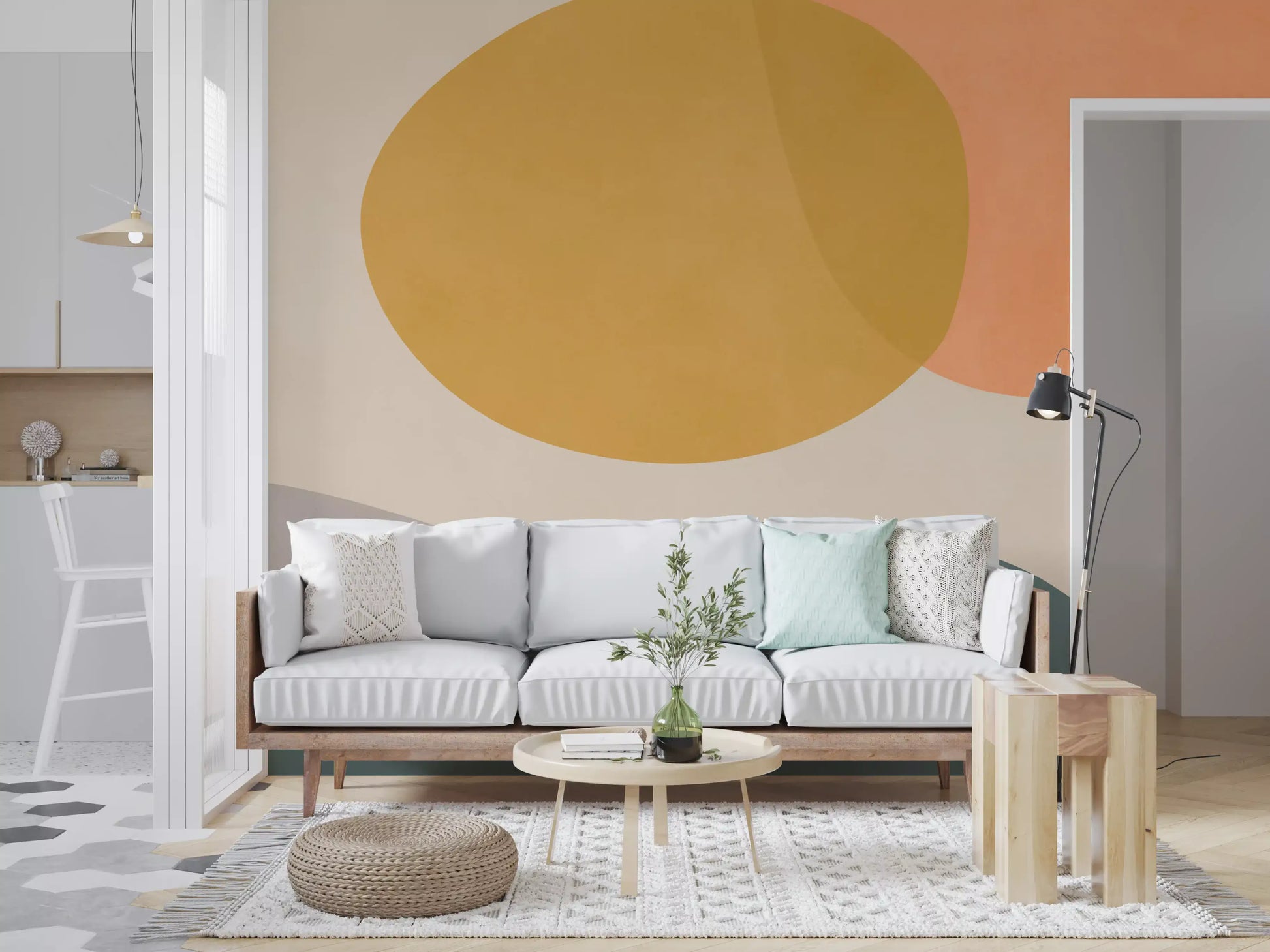 Organic shape wall mural with golden circles and soft cream open space