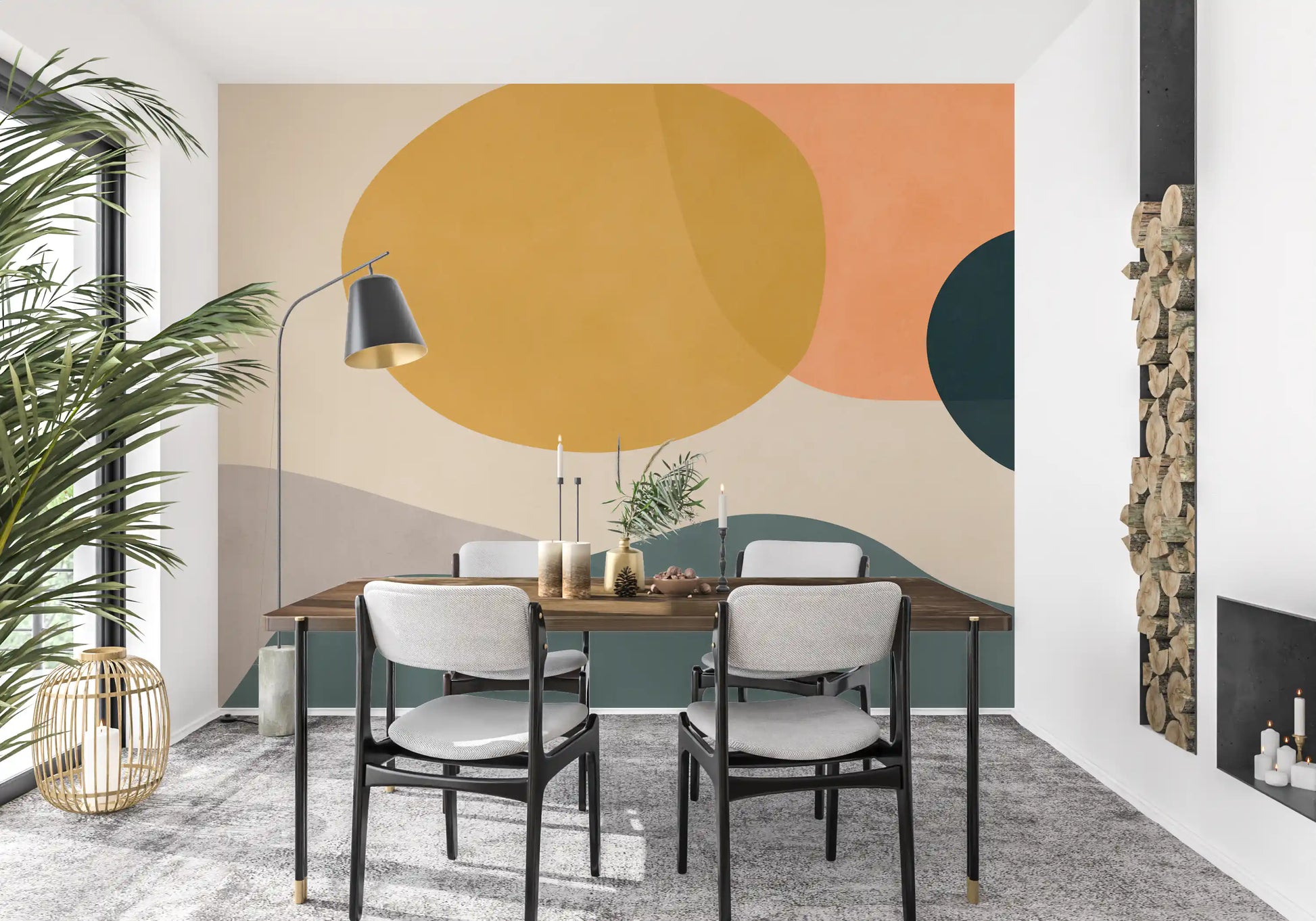 Abstract Earth Forms Wall Mural with peach fields and smoky blue movement