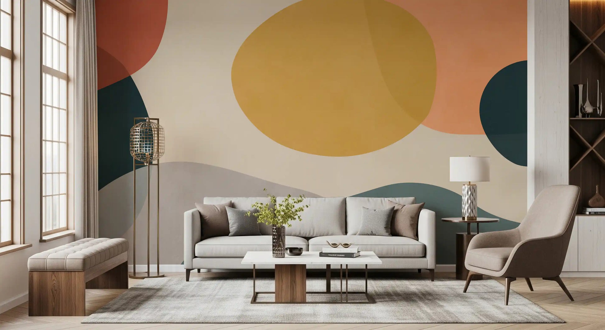 Living room Abstract Earth Forms wall mural with calm modern shape balance