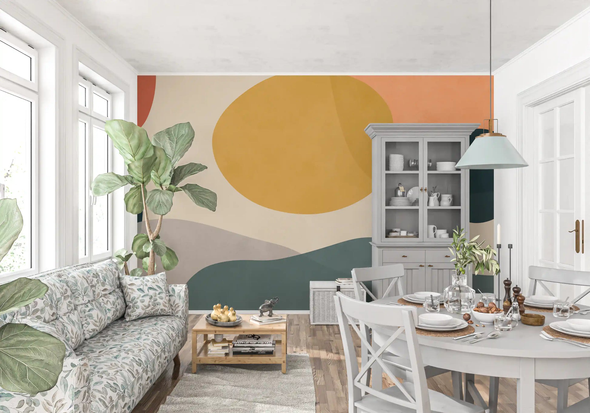 Dining room wall mural featuring warm organic forms and deep blue layers