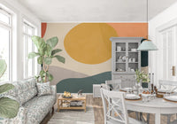 Dining room wall mural featuring warm organic forms and deep blue layers