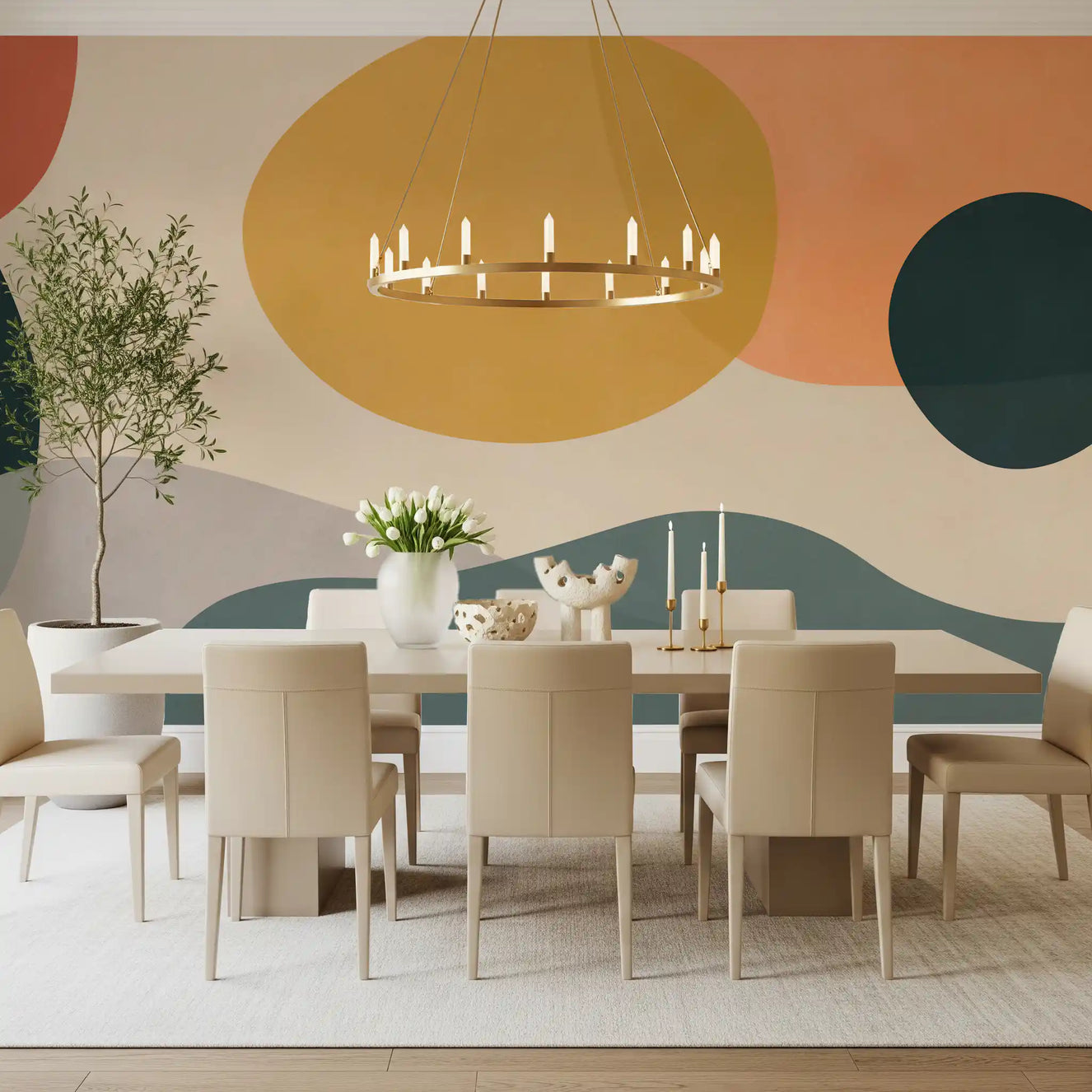 Dining room Abstract Earth Forms wall mural with peach and navy shapes