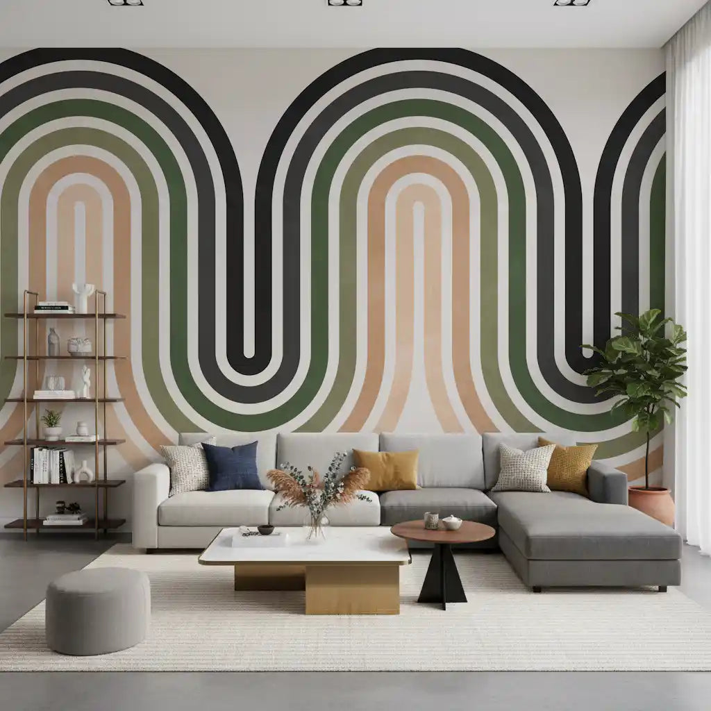 Living room wall mural showing Organic Rhythm Curves in sage and beige bands