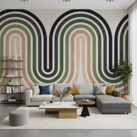Living room wall mural showing Organic Rhythm Curves in sage and beige bands