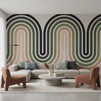 Flowing wave wall mural in black, olive, sage, and beige layered bands