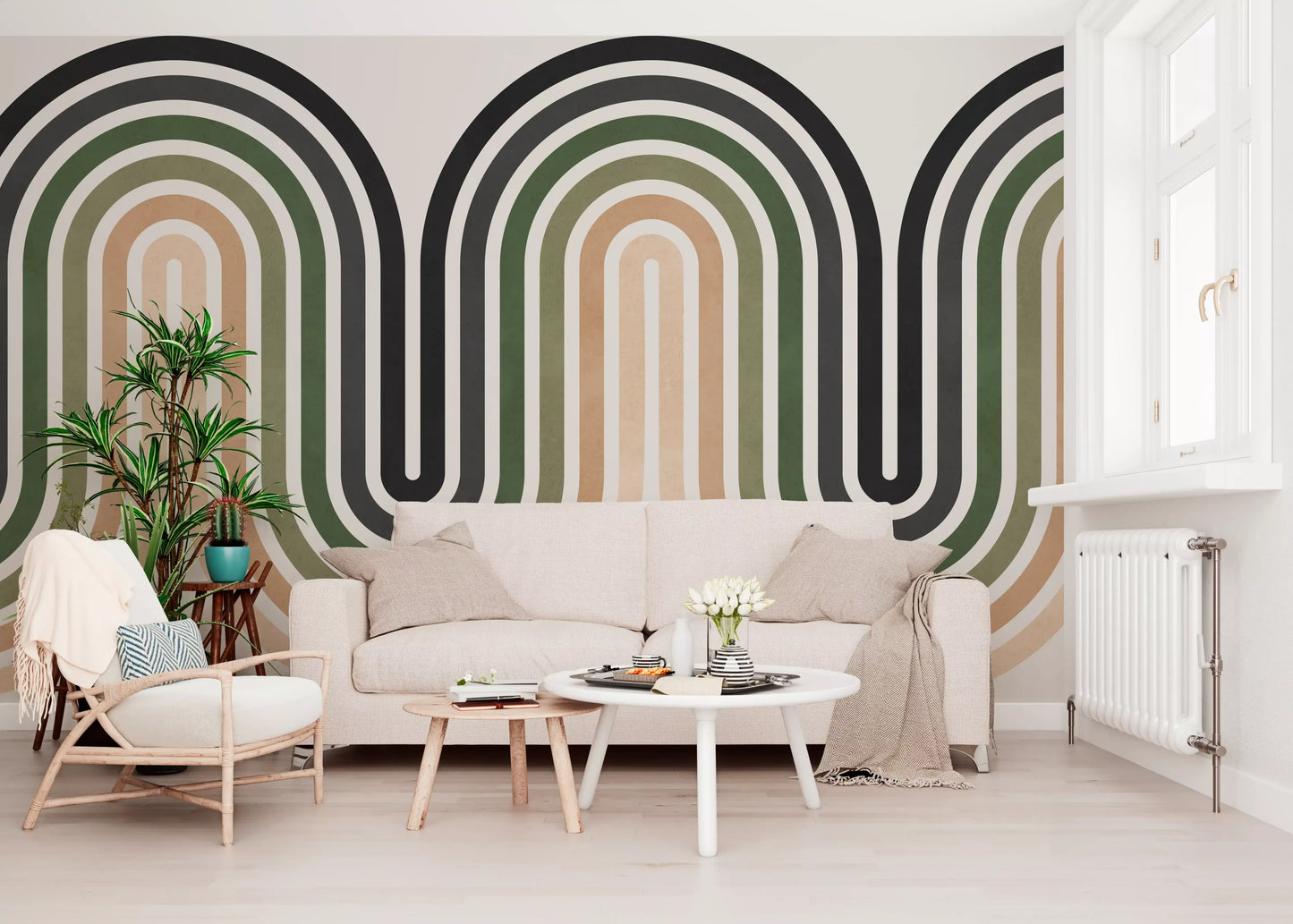 Wavy arch wall mural with earthy colour bands and smooth graphic structure