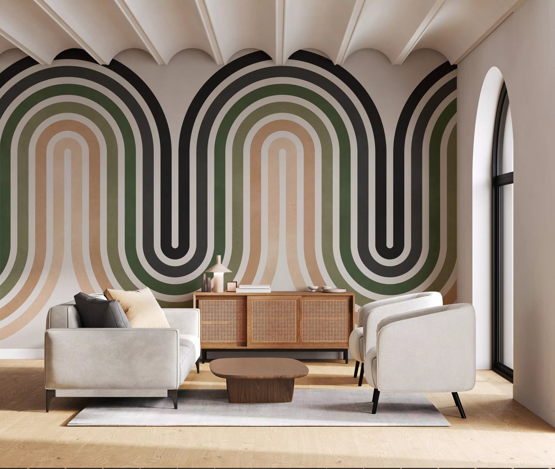 Organic Rhythm Curves wall mural with repeating arch stripes and soft contrast