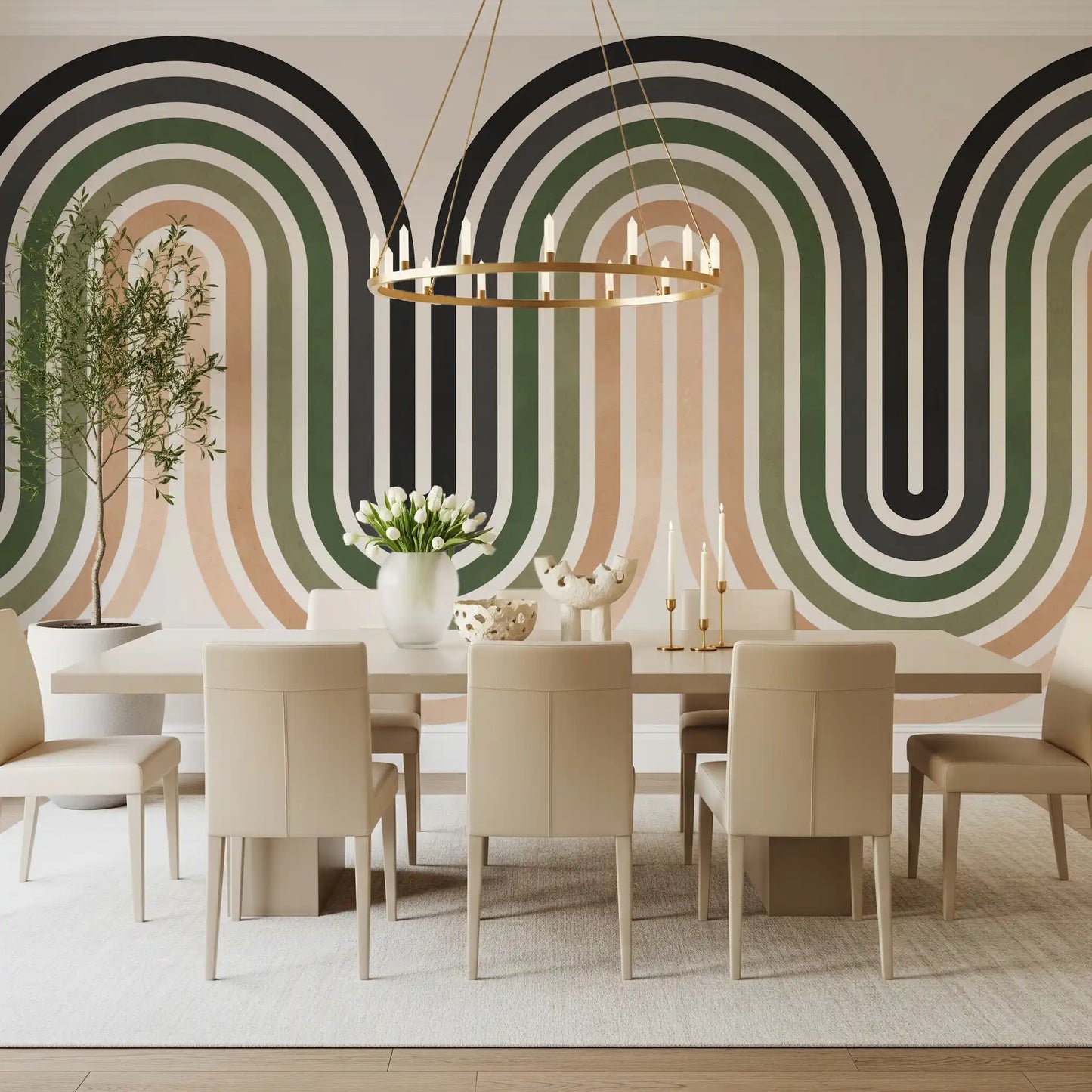 Dining room wall mural featuring Organic Rhythm Curves in earthy tones