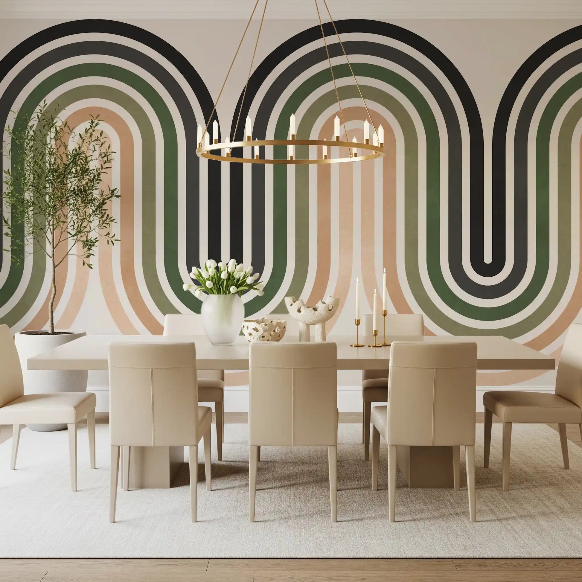 Dining room wall mural featuring Organic Rhythm Curves in earthy tones