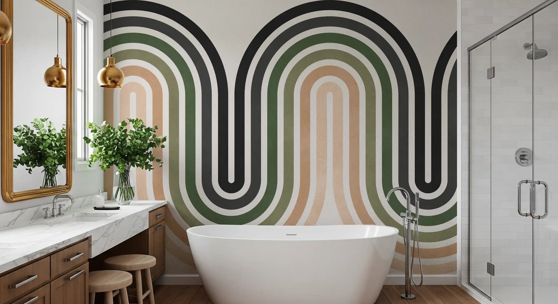 Layered curve wall mural featuring dark outlines and muted green stripes