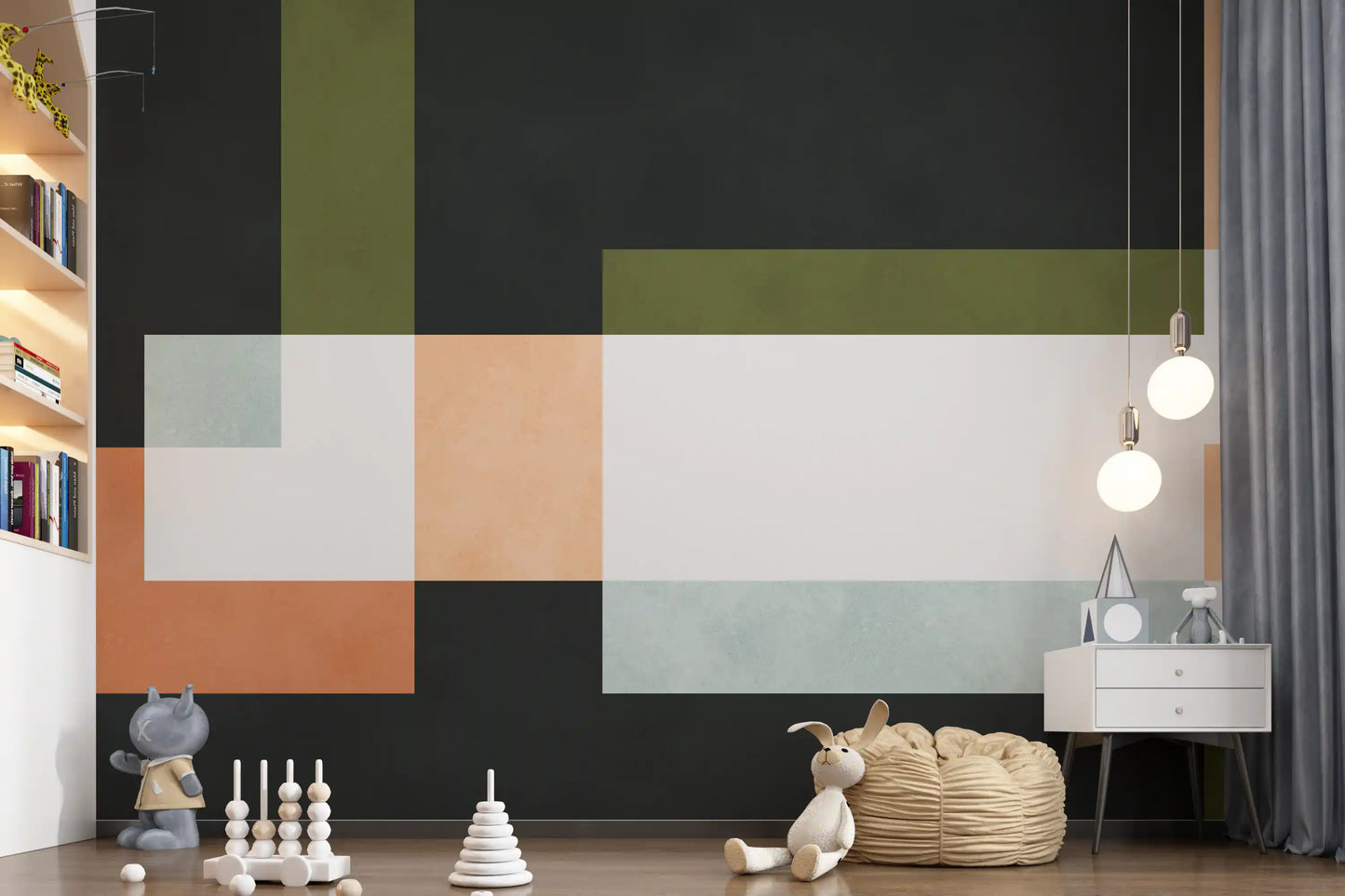 Kids room wall mural with Geometric Layers design and crisp white spacing