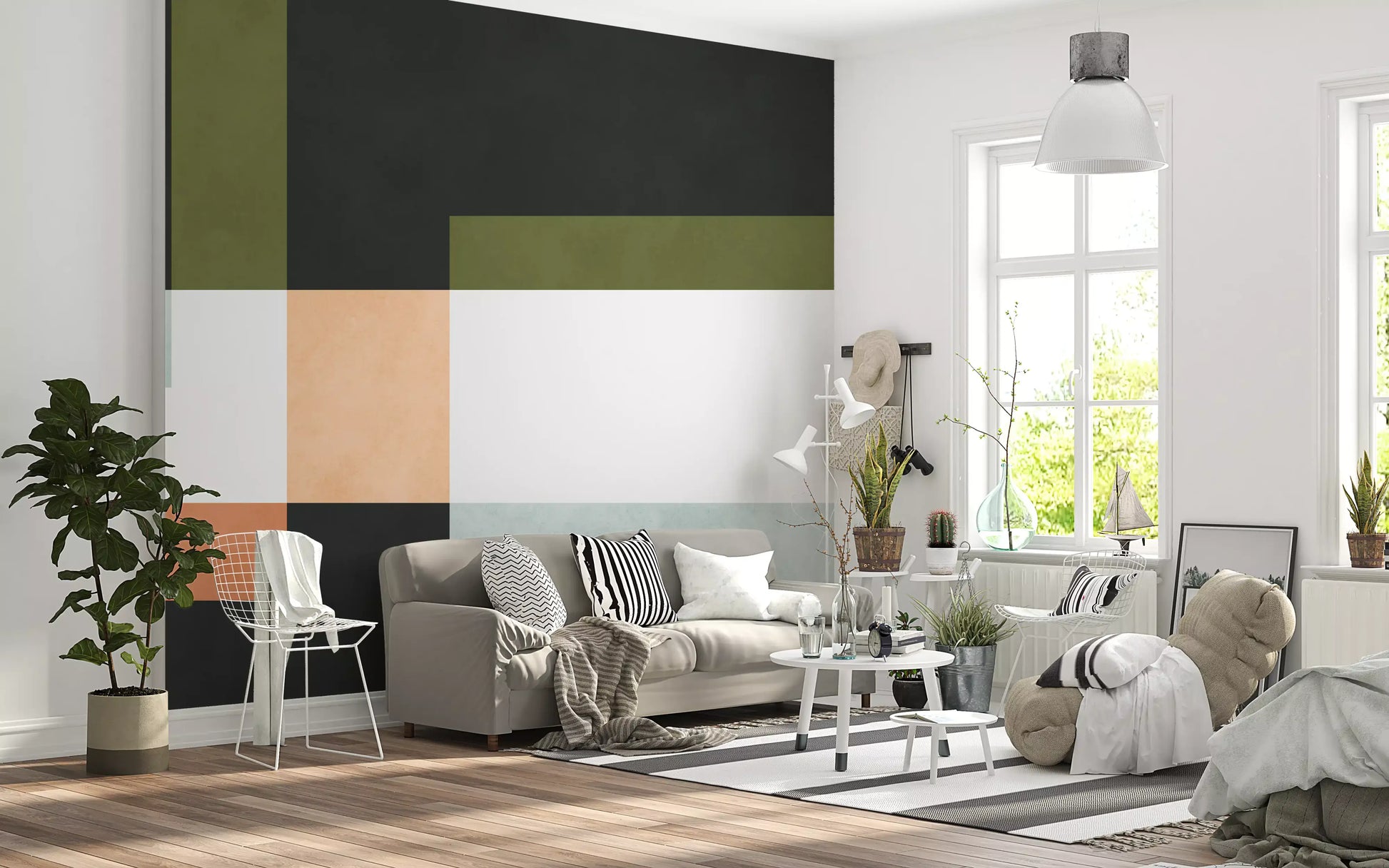 Living room wall mural with geometric layers and structured color contrast