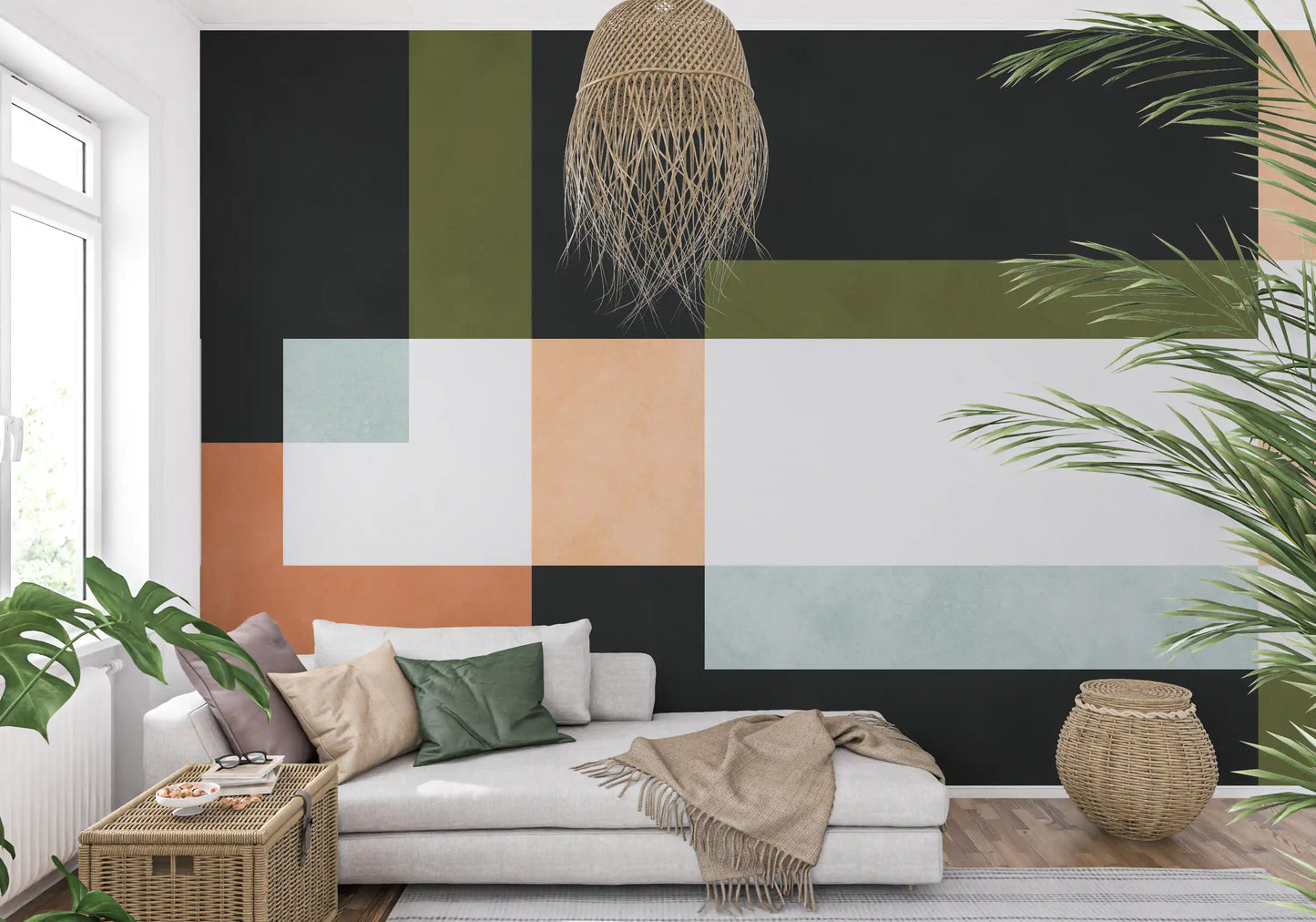 Home wall mural featuring abstract blocks in muted earthy tones