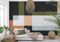 Home wall mural featuring abstract blocks in muted earthy tones