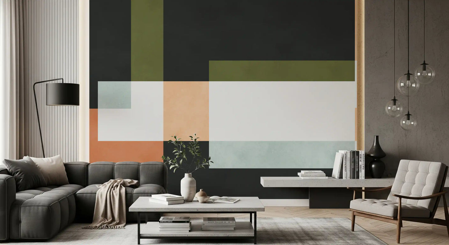 Geometric Layers wall mural with black panels and soft peach sections