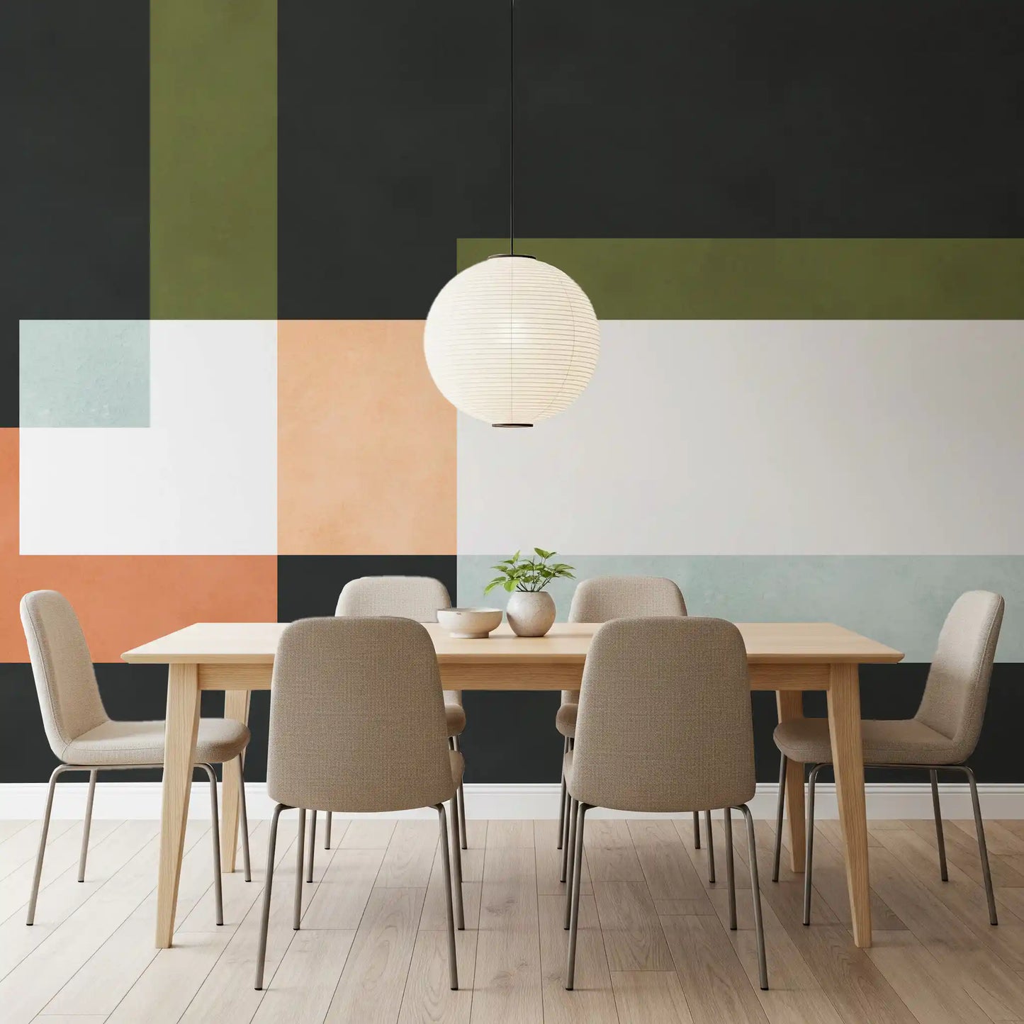 Wall mural with overlapping blocks in black, peach, beige, and blue